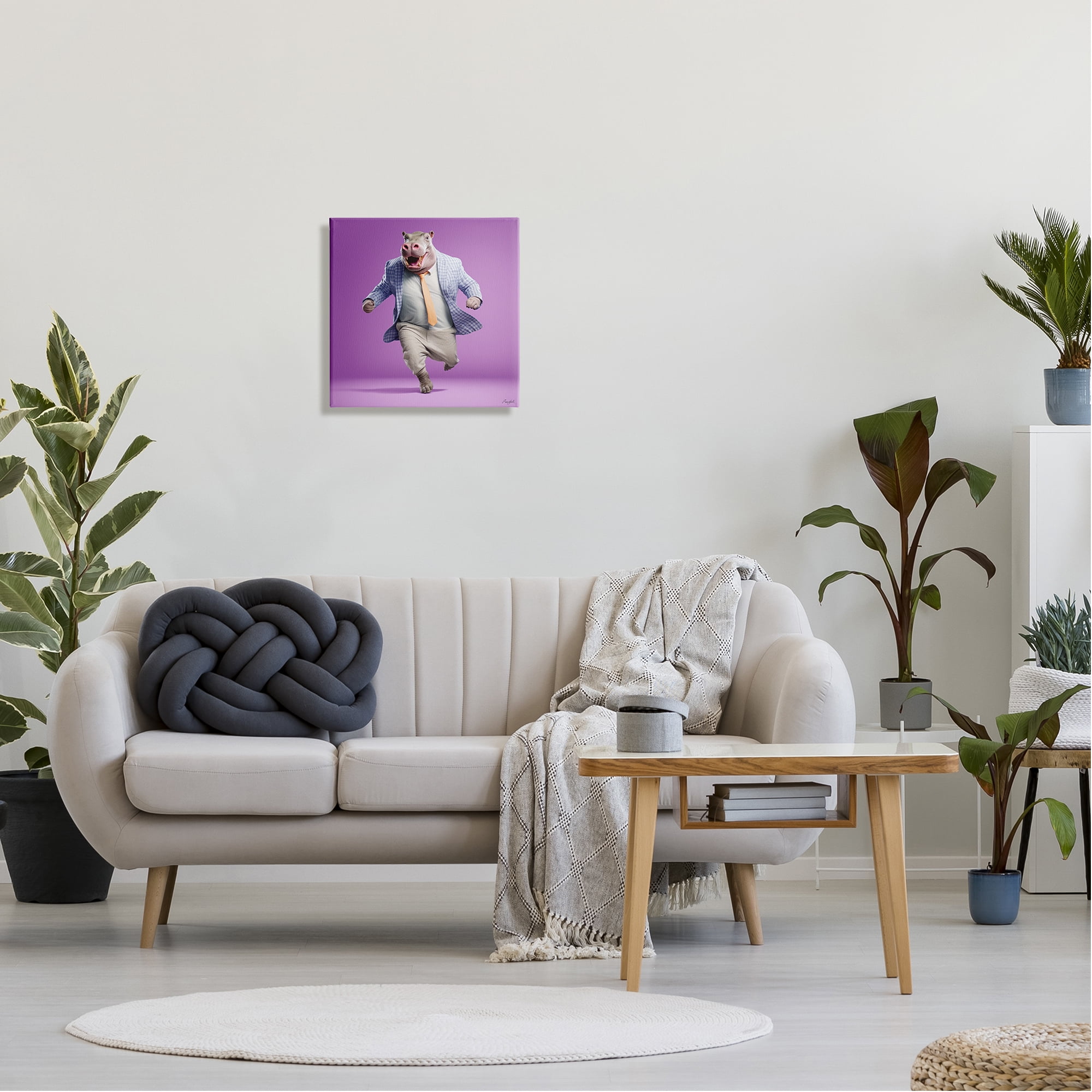 Stupell Industries Dancing Hippo on Purple Animals & Insects Painting Gallery Wrapped Canvas Art Print Wall Art, 17 x 17