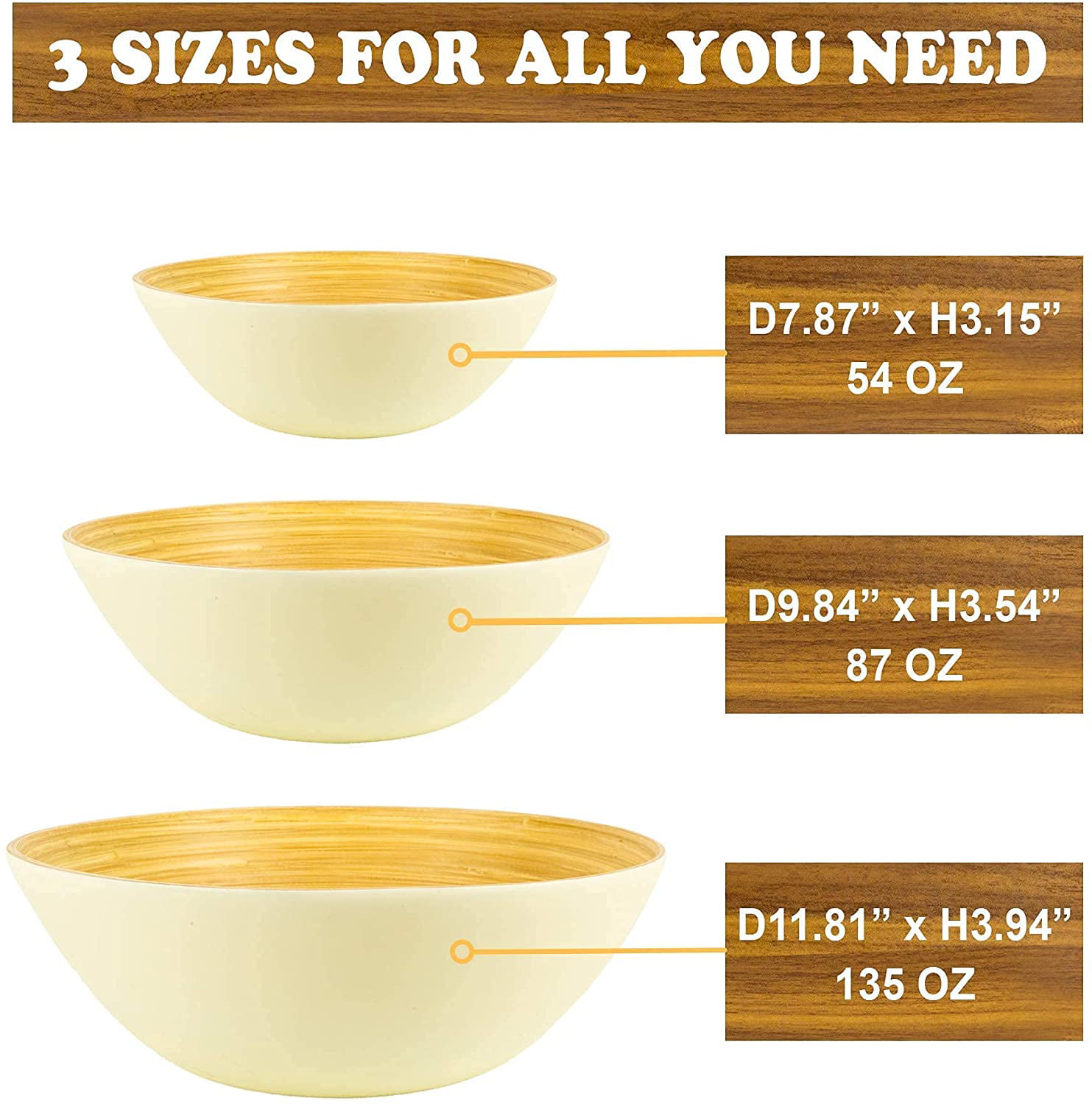 Matte Bamboo Natural Bamboo Large Salad Bowls Serving Bowl Sizes 54-81-114 OZ Small to Big Respectively for Serving Salad Pasta Fruit Chip Nut Cereal Bamboo Dinnerware Sets for Eating Decor Kid Bowl