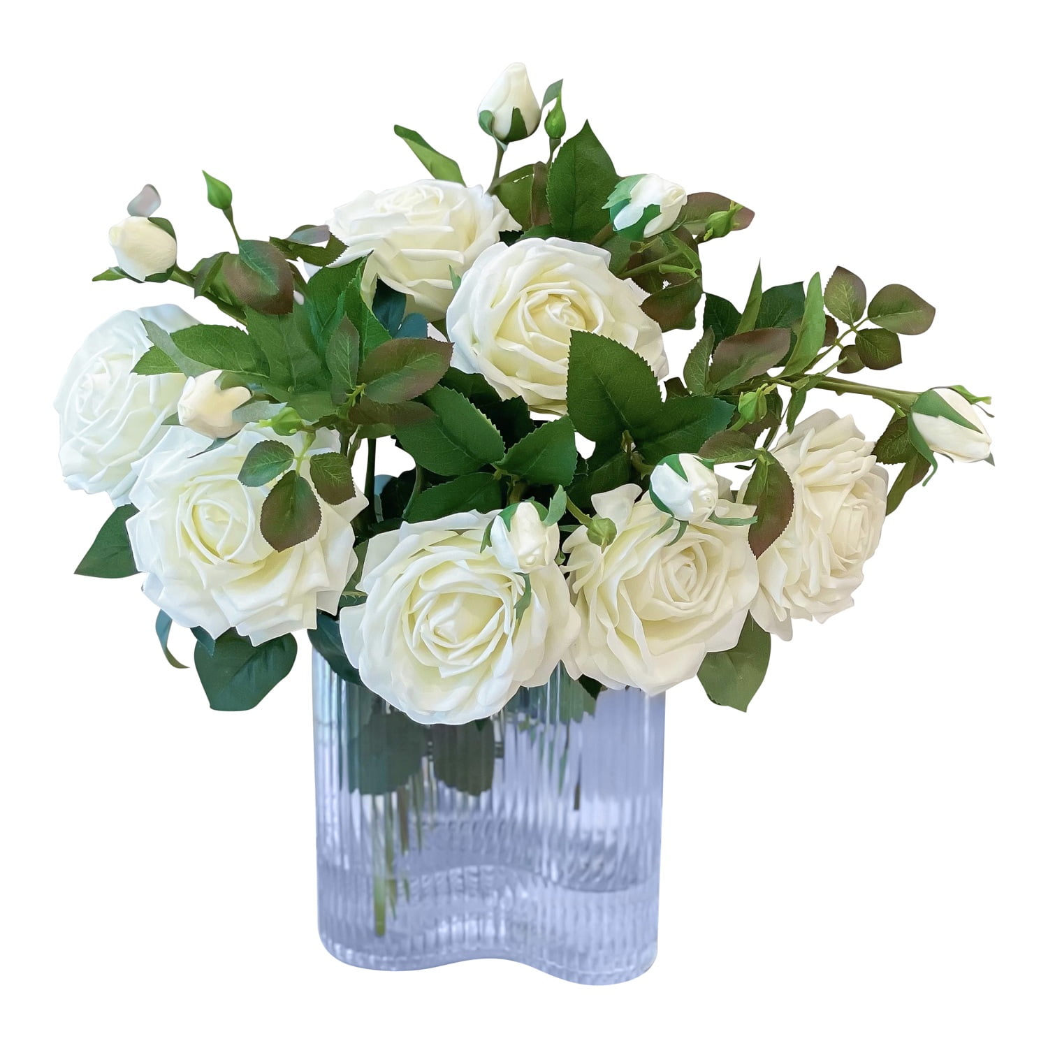 Large White Polysilk Rose Arrangement in Glass Vase