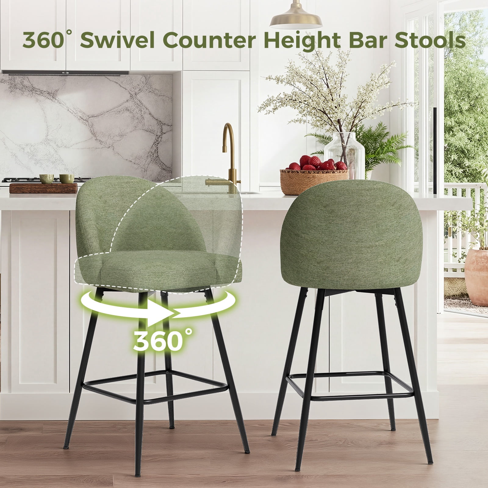 JULY'S SONG Counter Height Bar Stools with Back Sets of 4, 360°Swivel Upholstered Barstools with Metal Legs, 27" Seat Height Bar Stool for Kitchen Island, Green