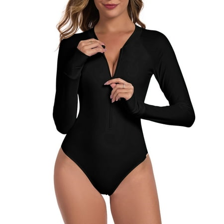 RELLECIGA Women's Black Rash Guard Long Sleeve Women Swimwear Deep V-Neck Slimming Surfing Zipper One Piece Swimsuit Sexy Monokini One piece Bathing Suits Size L