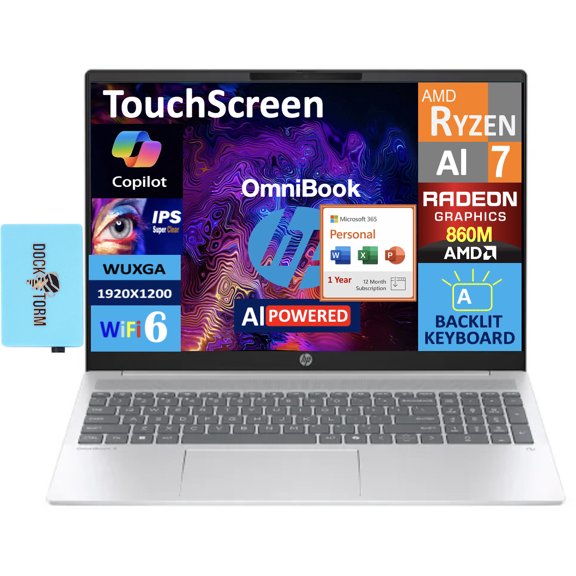 HP OmniBook 5 AI Powered Laptop 16.0in Touchscreen IPS WUXGA Display (AMD Ryzen AI 7 350, 32GB LPDDR5X, 4TB PCIe SSD, AMD Radeon 860M, Win 11 Home) w/Microsoft 365 Personal , DKZ USB Port Expander