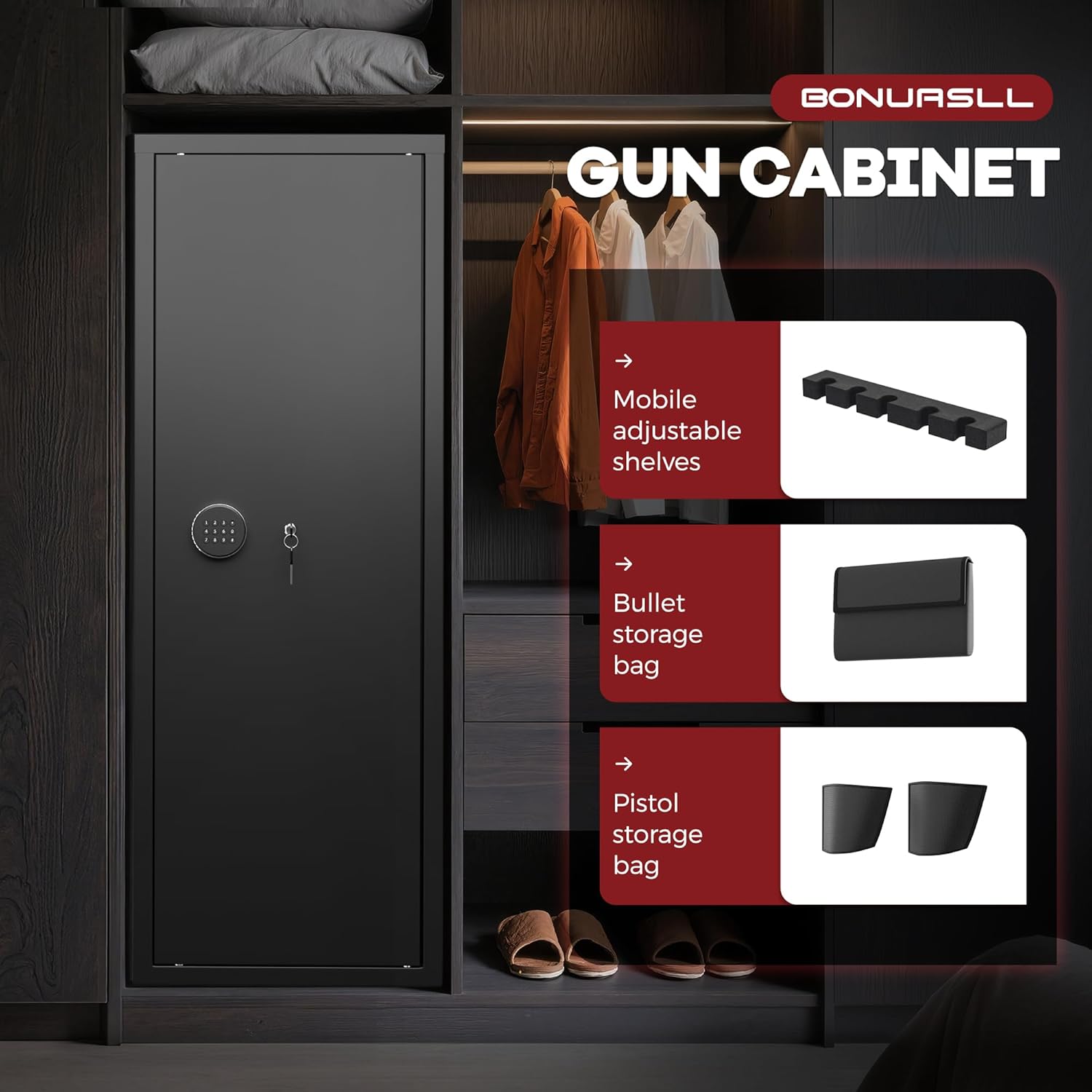 SOLAURA 10-14 Gun Safe, Quick Access Long Gun Safe for Home Rifles and Pistols, Large Gun Cabinet with Adjustable Shelves for Home, Office(Assembly Required)