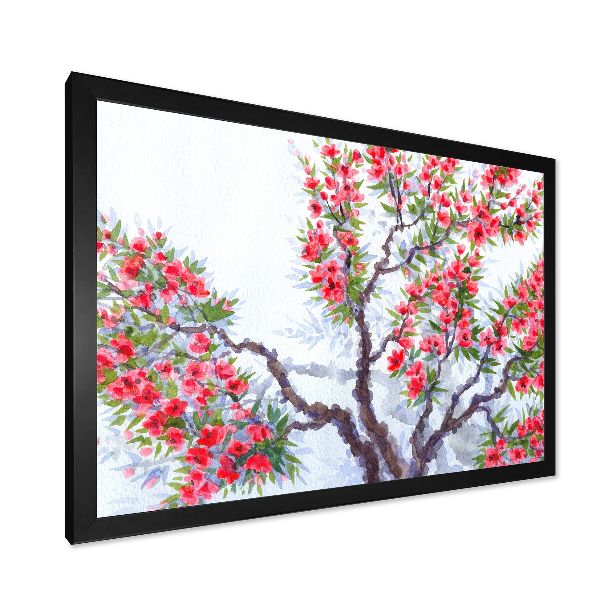 Abstract Red Flowers of Spring Tree 32 in x 16 in Framed Painting Canvas Art Print, by Designart