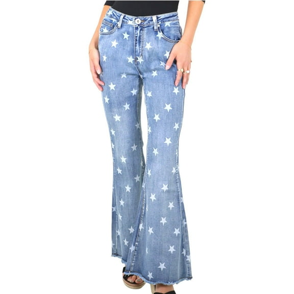 Women's Floral Daisy Embroidered Mid Rise Bell Bottom Jeans-Small, Star Blue