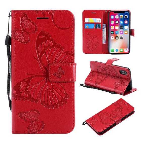 iPhone XS Max Wallet case, Allytech Pretty Retro Embossed Butterfly Flower Design PU Leather Book Style Wallet Flip Case Cover for Apple iPhone XS Max 6.5", Red
