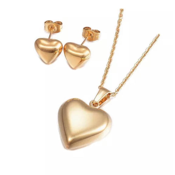 QQTDFG Stainless Steel Pendant Necklace Stud Earrings Set Heart Silver 18" P805-Gold
