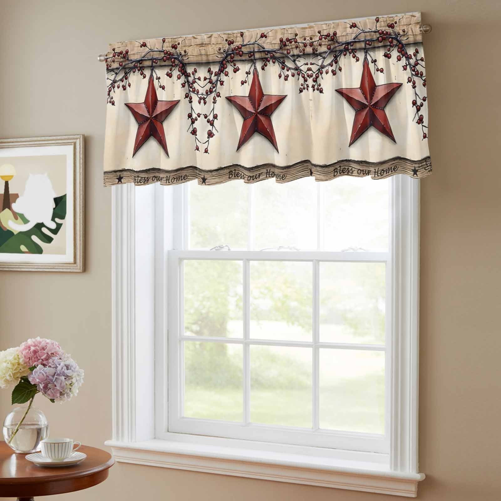 2 Pack Farmhouse American Valance for Window Country Star Berries Vintage Wood Grain Kitchen Valance Rod Pocket Short Curtain Topper Decorative Window Treatment for Living Room Bedroom 60"x18"