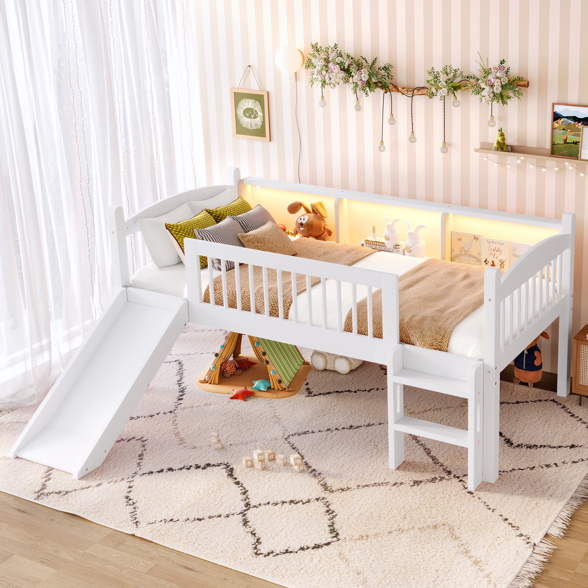 Leumius Twin Size Loft Bed with Slide,Solid Wood Loft Bed Frame with Storage Shelves,LED Lights and Full-length Guardrails,No Box Spring Needed,White