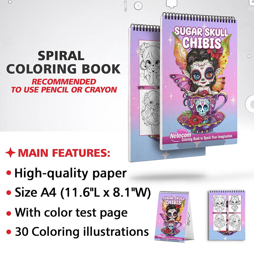 Netecom Sugar Skull Chibis Coloring Book for Adults, Spiral Bound, Soft Cover