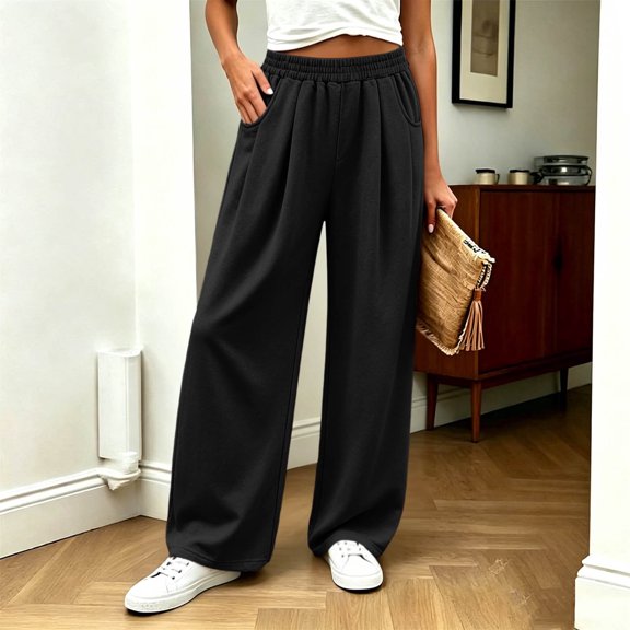 ABSUYY Womens High Waist Wide Leg Sweatpants, Loose Fit Lounge Pants with Pockets, Black,Size S