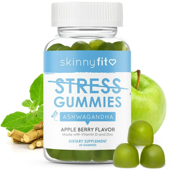 SkinnyFit No Stress Gummies – Ashwagandha Adaptogen for Stress & Mood Support with Vitamin D & Zinc – Vegan, Gluten-Free – 60 Count