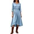 thumbnail image 5 of Nmnitkp Dresses for Women Crew Neck 3/4 Sleeve Solid Midi Dress Elastic Smocked Waist Loose Flowy Casual Dress for Brunch Everyday Wear Fall Outings and Casual Office Occasions Light Blue,S, 5 of 6