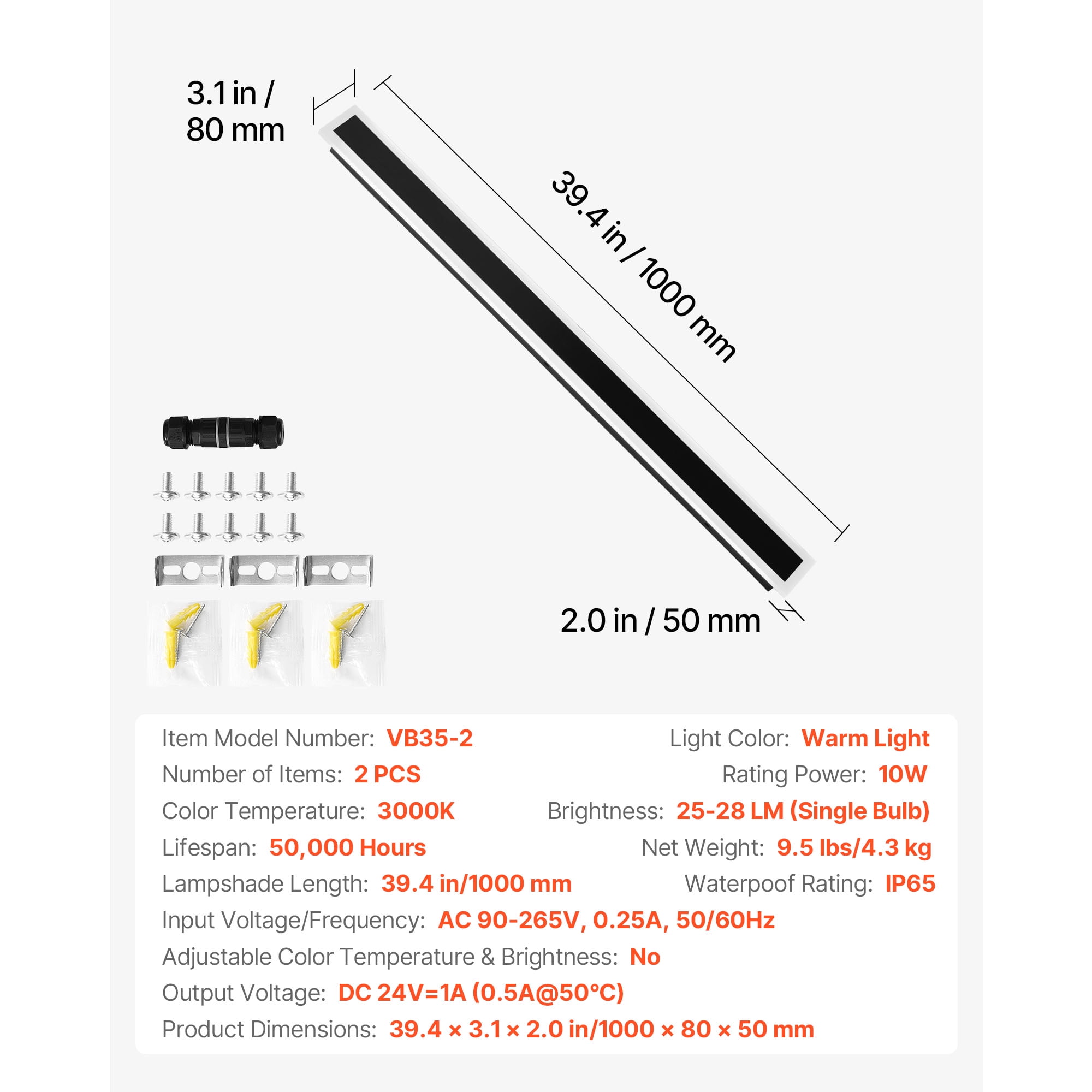 KFFKFF Outdoor Wall Lights, Set of 2, 39.4-Inch Modern Vertical Wall Sconce Light Fixtures, 3000K Warm White, IP65 Waterproof and Rust-Resistant, Ideal for Home, Porch, or Garage