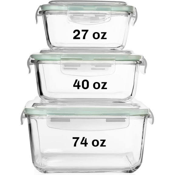 6 PC Square Glass Food Storage Containers with Airtight lids (74, 40 & 27 oz) Kitchen Glass Meal Prep Containers Set for Freezer Reusable Leftover Lunch Boxes, Oven, Microwave, Dishwasher Safe