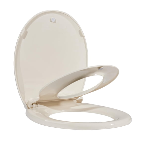Family Toilet Seat with Built-In Toddler Potty Training – 17" Elongated Soft Close, Dual Magnet, Non-Slip, Durable PP for Adults & Children – Almond