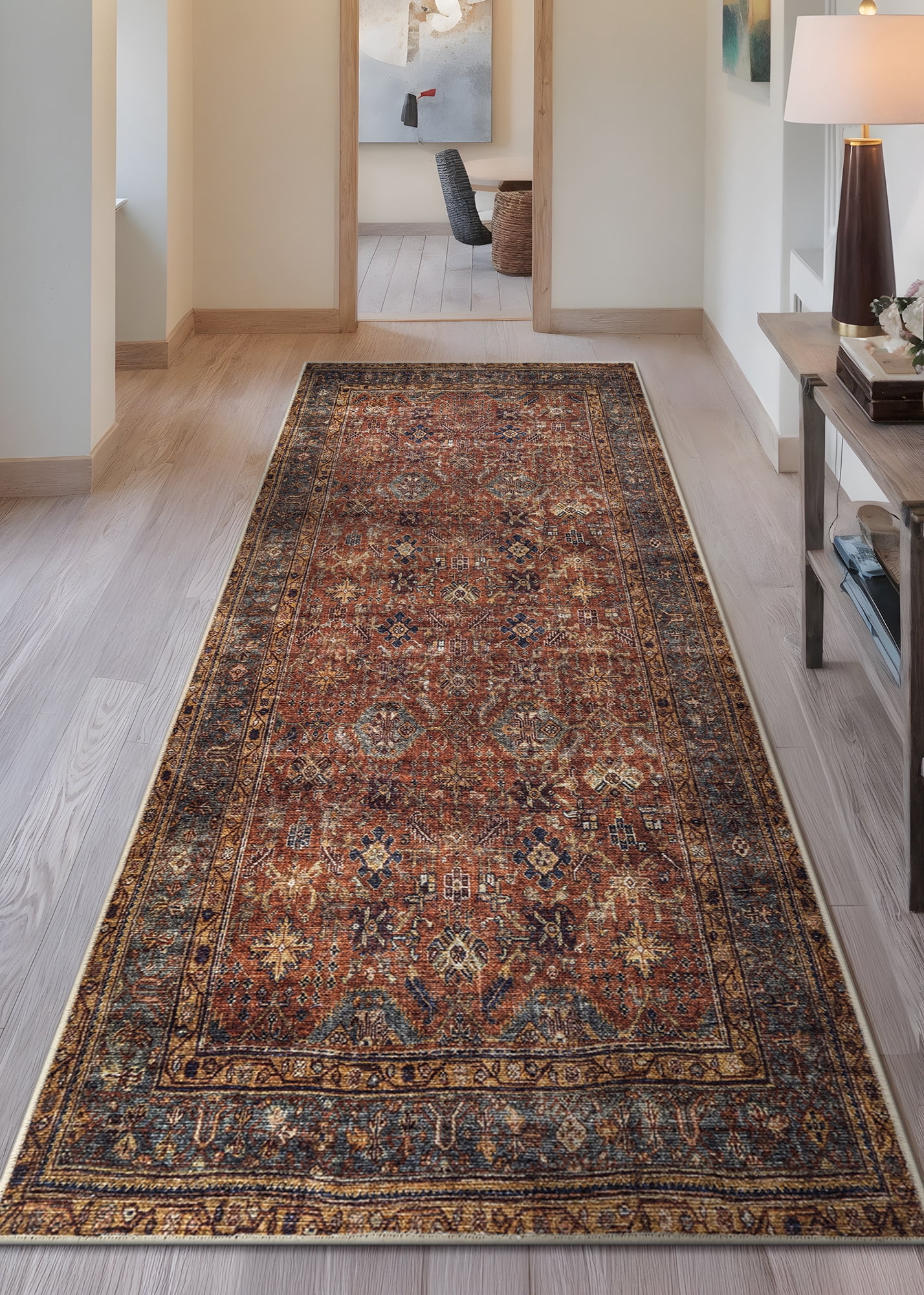 Bloom Rugs Washable Non-Slip 7 ft Runner - Terracotta / Mustard Traditional Oriental Runner for Entryway, Hallway, Bathroom, and Kitchen - Exact size: 2.5' x 7'