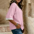 thumbnail image 5 of Otntypg Womens Linen Tops Elbow Length Sleeve Lace Trim Button V Neck T-shirt Dressy Casual Work Blouses Summer Outfits Beach Vacation Tunic Tees Shirt Pink XL, 5 of 7