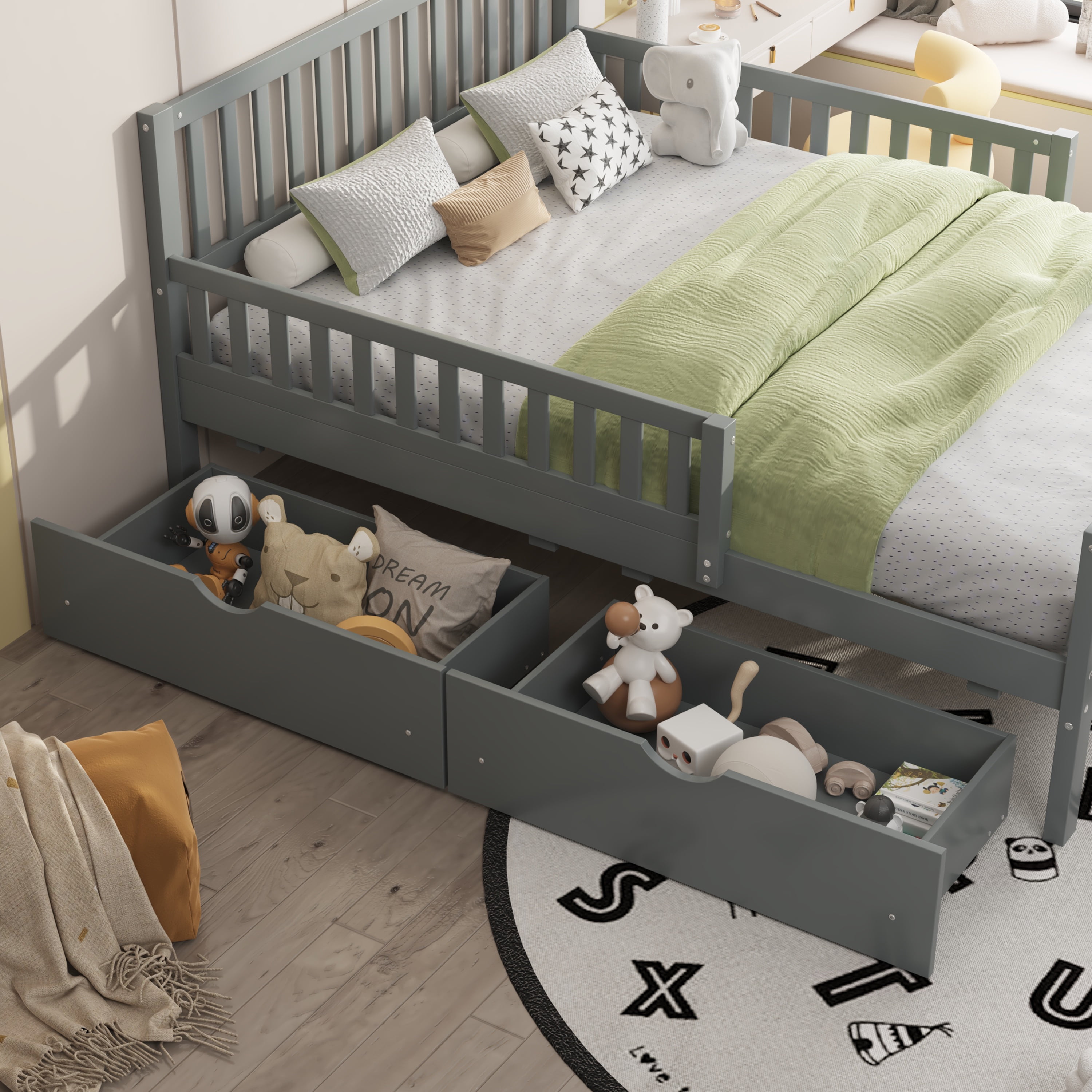 Bellemave Twin Bed with Storage Drawers and Fence Rails, Wood Platform Beds Frame with Headboard, Twin Size Storage Bed for Kids Boys Girls Teens（Gray)