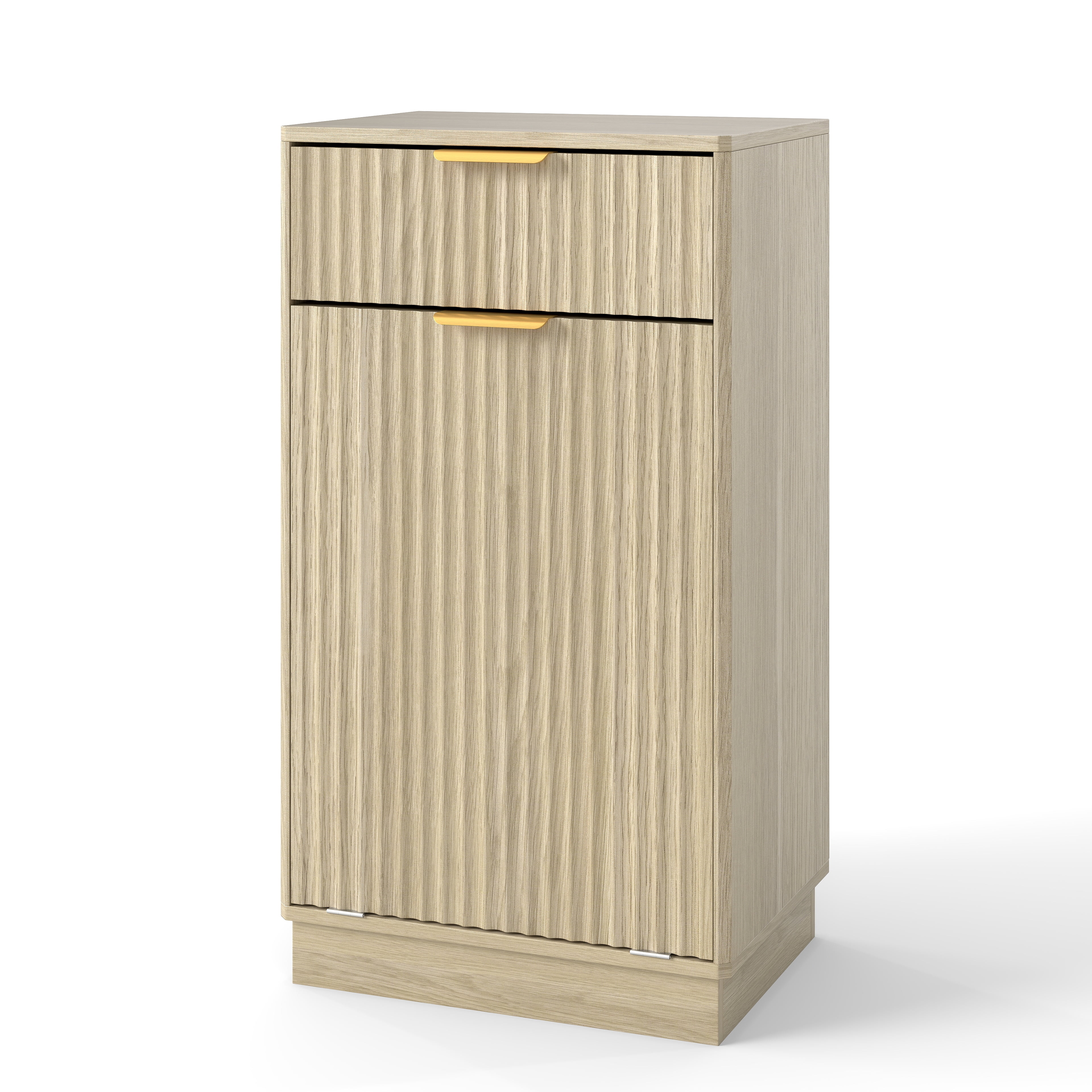 10-Gallon Woodgrain Tilt-Out Trash Can Cabinet with Wave-Textured Drawer & Pull-Out Bin - Multipurpose Kitchen/Bath Organizer in Oak Finish