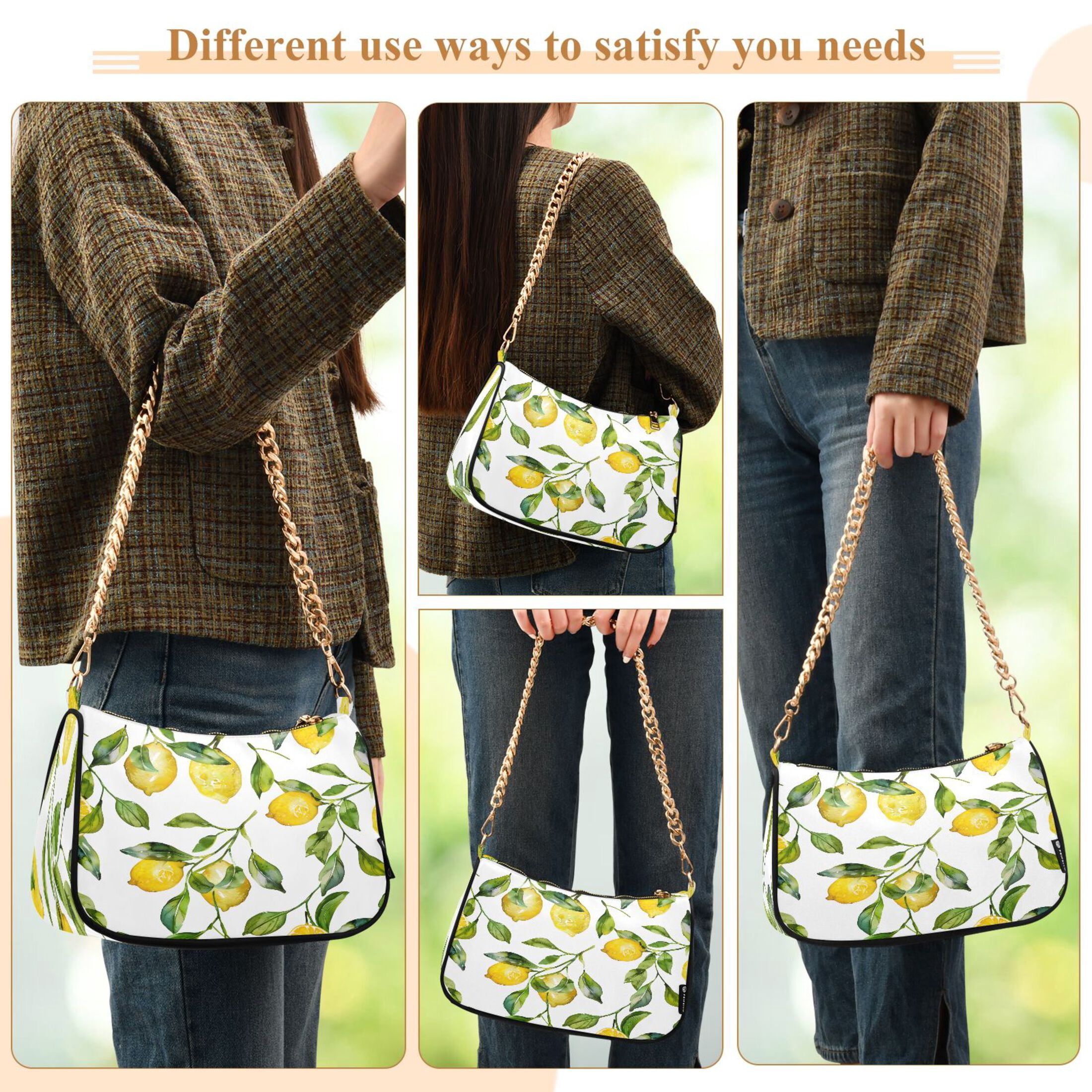 Ryvnso Lemon and Leaves Womens Chain Shoulder Bag Tote Handbags Clutch Hobo Purse with Zipper for Travel
