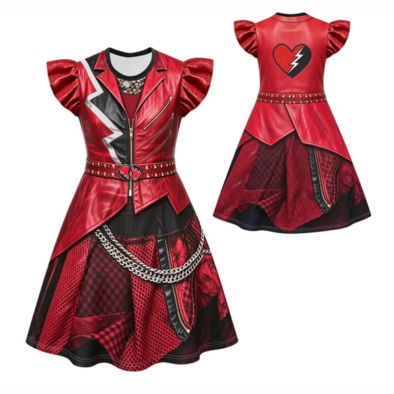 Halloween Dress Up, Red Halloween Dress Costume Cosplay Outfit with Structured Lapel Bodice, Puff Sleeves and Chain Accents and Layered Skirt Panels for Halloween Parties and Stage Performances
