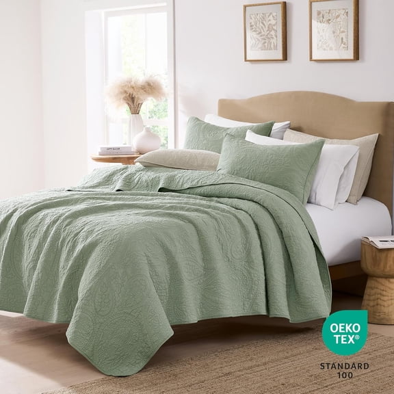 PALASSIO Sage Green Paisley Cotton Quilt Queen Size Bedding Set with 2 Pillow Shams, Boho Floral Lightweight Farmhouse Country Vintage Soft Bedspread Shabby Chic Coverlet for All Season, 3 Pieces
