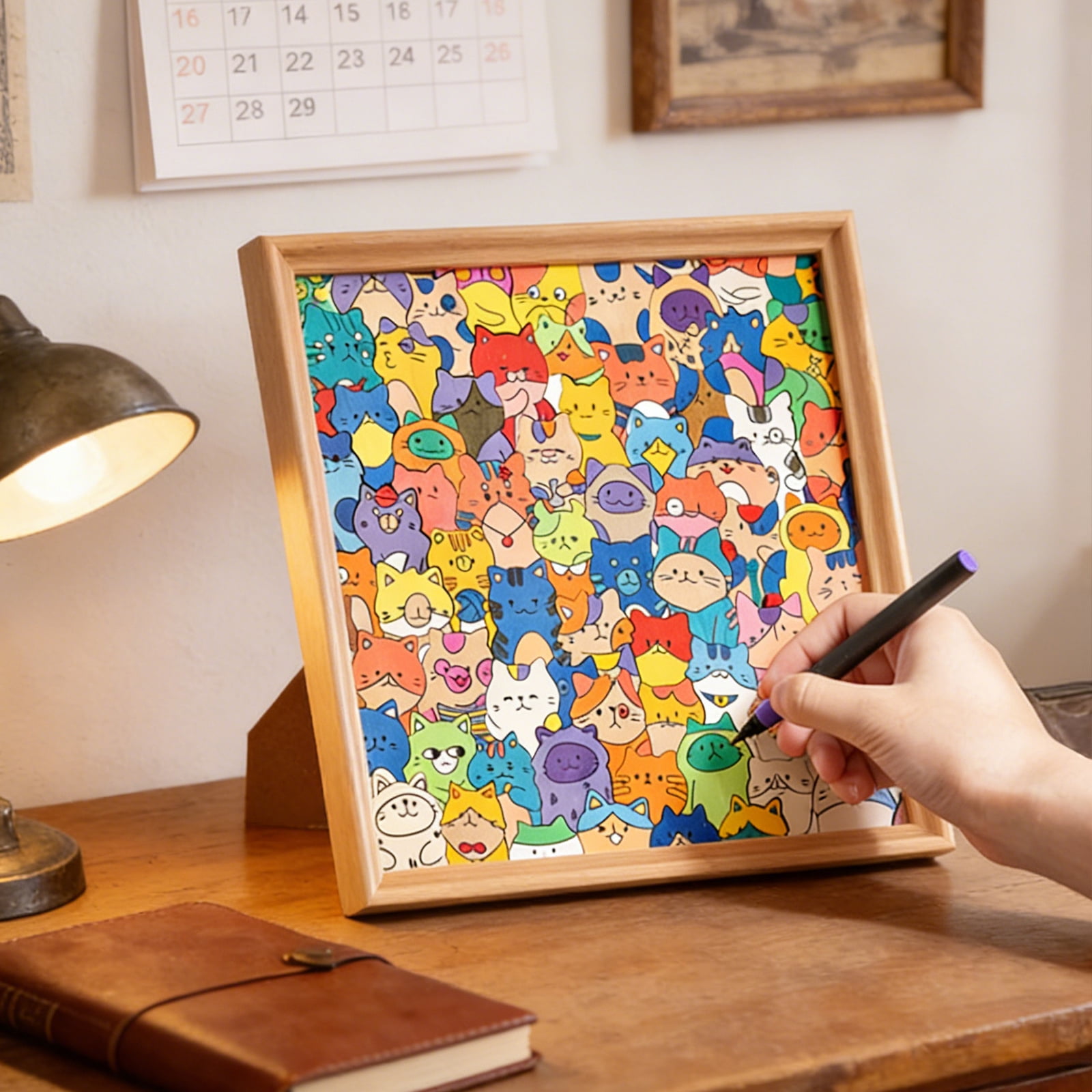 DIY Wooden Cat Puzzle Frame, Wooden Coloring Puzzle, Paintable Creative Handmade Photo Frame, Cat Puzzles Decor for Home Decoration Craft Lover (with Multi-Color Pens)