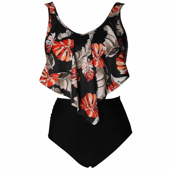 Odeerbi Mommy and Me Tankinis Swimsuits for Women Ruffled Tank Tops Athletic Floral Two Piece Bathing Suit Swimwear Parent-Child Clothing Mother Daughter Beachwear Set Adult Black
