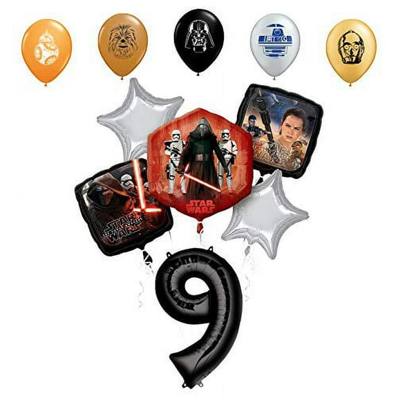 Star Wars 9th Birthday Party Supplies Foil Balloon Bouquet Decorations with 5pc Star Wars 11" Character Print Latex Balloons Chewbacca, Darth Vader, C3PO, R2D2 and BB8