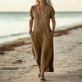 thumbnail image 2 of V Neck Short Sleeve Maxi Dress Casual Loose Fit Flowy Long Dress Sundress with Pockets for Summer Beach Vacation, 2 of 8
