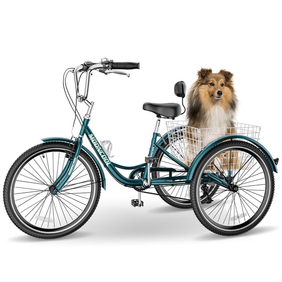 MOPHOTO 3 Wheel Bicycle for Adults 20/24 inch, Adult Tricycle 7 Speed with Basket/Bell, Cruiser Tricycle (Malachite-green )