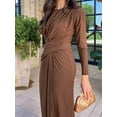 thumbnail image 3 of Women'S Long Sleeve Autumn Maxi Dress 2025 Crewneck Knit Wrinkles Casual Slim Dresses Brown XL, 3 of 7