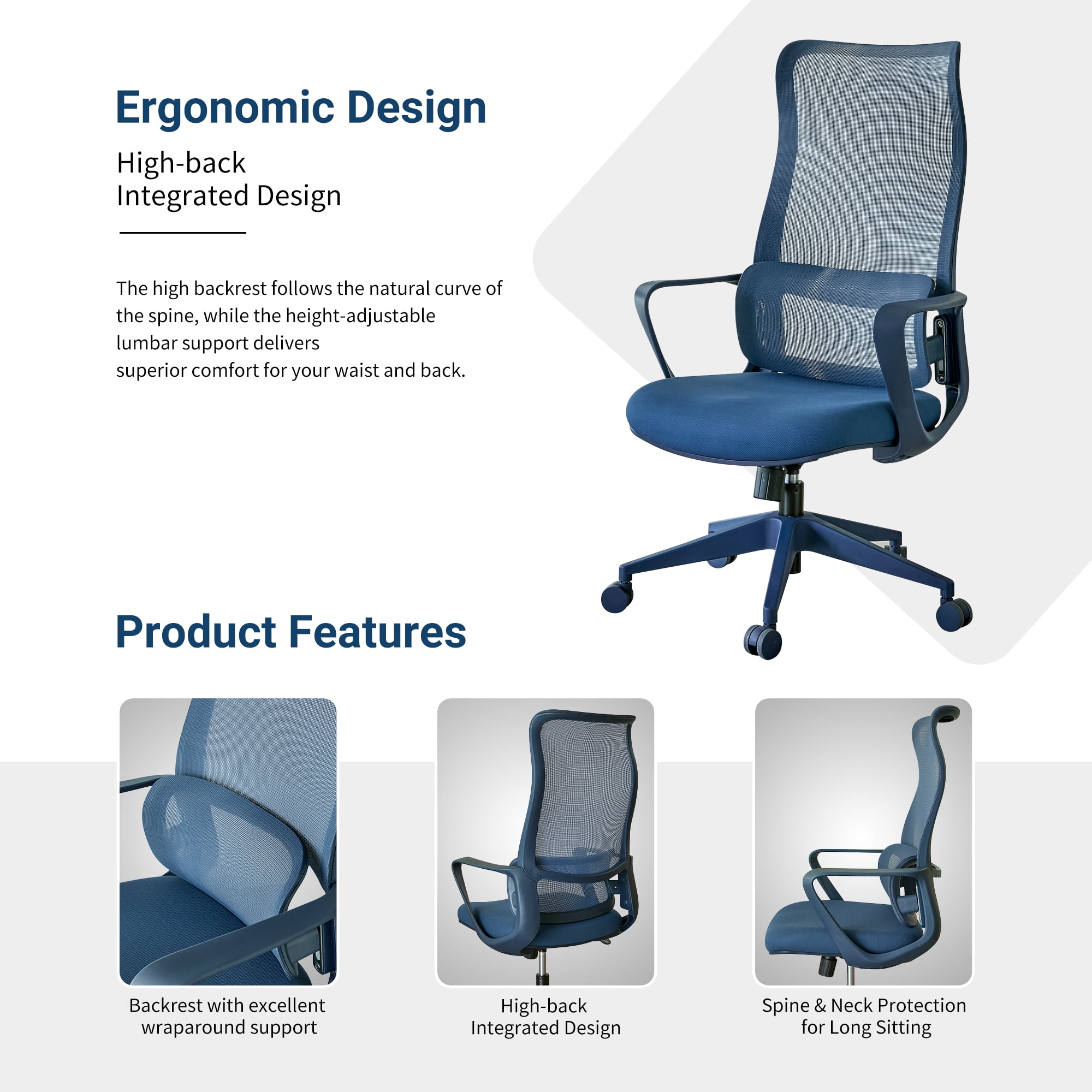 HOQBN Ergonomic Office Chair with 7-Level Adjustable Lumbar Support, Breathable Mesh High Back, Integrated Molded Foam Seat, 350lb Capacity, Blue