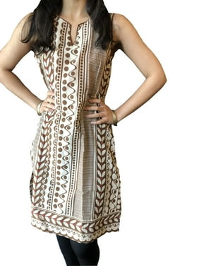 Mogul Women Brown Cotton Tunic Sleeveless Printed Blouse Summer Kurti M