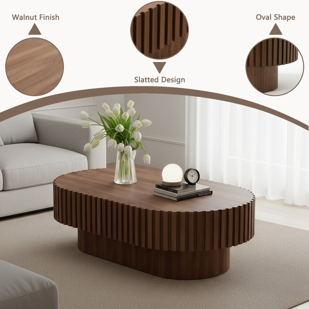 Oval Coffee Table, Mid Century Modern Fluted Coffee Table with Pedestal, Walnut Wood Center Table for Living Room, Apartment, Office, Small Space