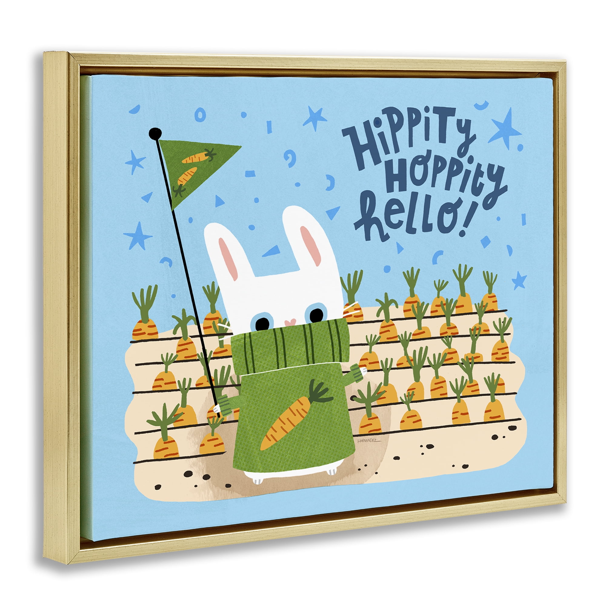 Stupell Industries Hippity Hoppity Hello Bunny Animals Painting Gold Floater Framed Canvas Art Print Wall Art, 21 x 17