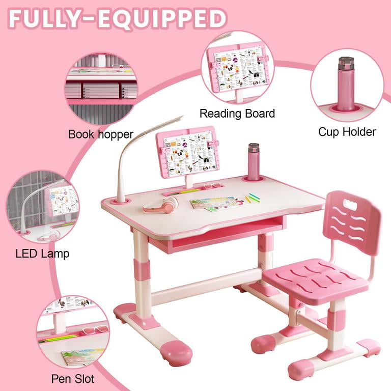 YNCE Kids Desk and Chair Set, Adjustable Height Children Study Table and Chair Set with Drawer, Cartoon Pattern Study Table for Toddlers
