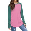 thumbnail image 2 of Fall T-Shirt for Women Women's Color Block Round Neck Loose Long Sleeve Medium Length Leaky Thumb T-shirt Top, 2 of 6