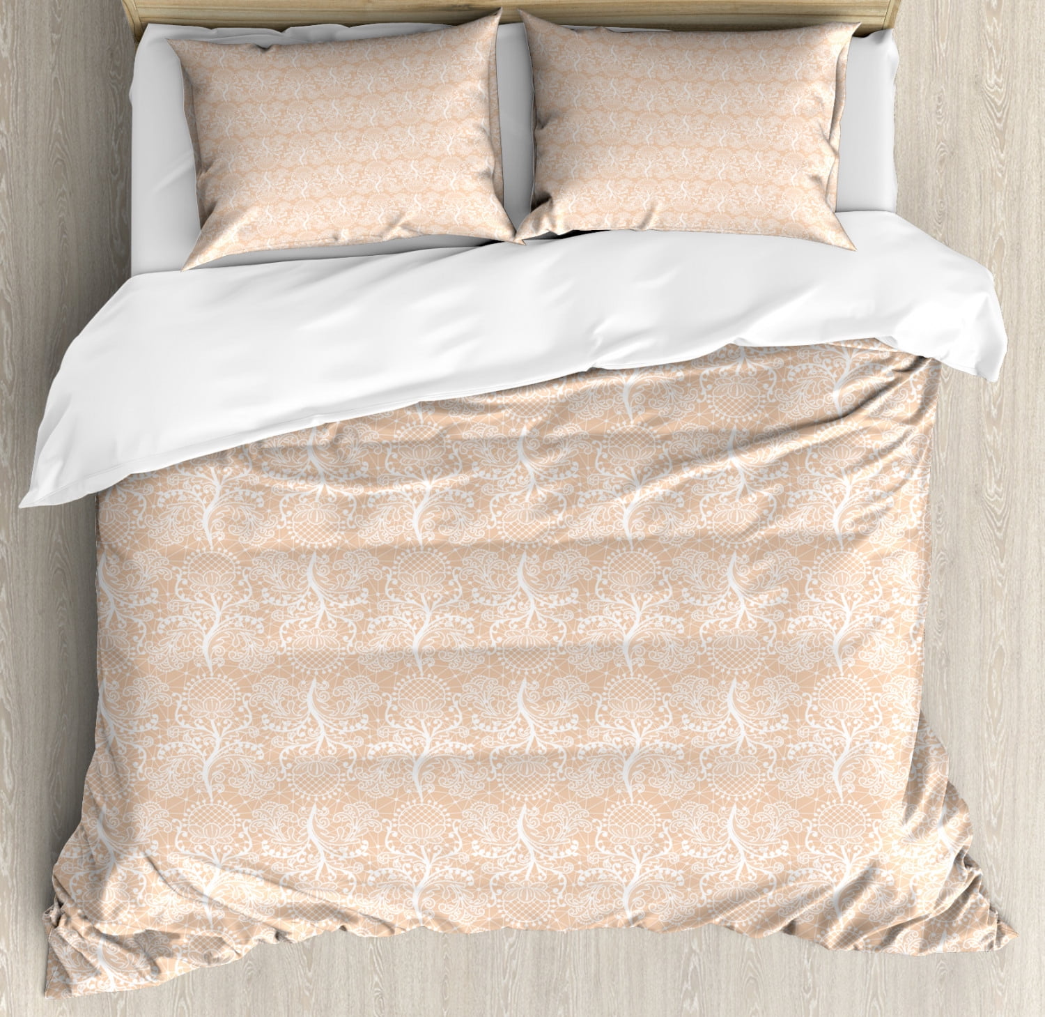 Peach Colors Duvet Cover Set, Damask Vintage Design of Intricately Sketched Intertwined Flowers ...