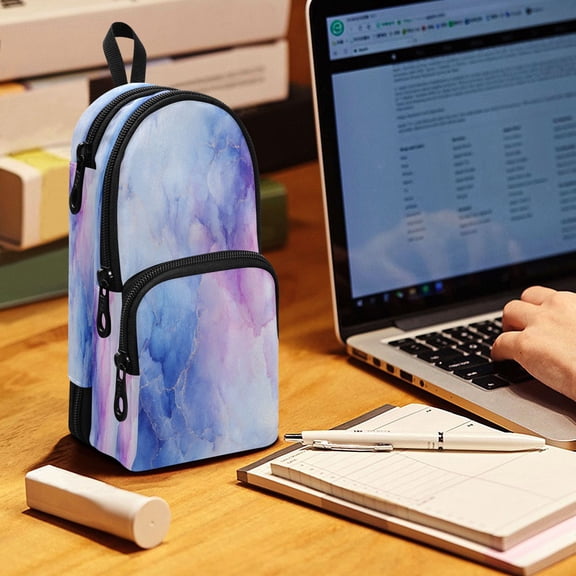 Backpack Pencil Case, 3 Compartment Large Capacity Oxford Fabric Pencil Pouch / Dreamy Marble with Gold Veins