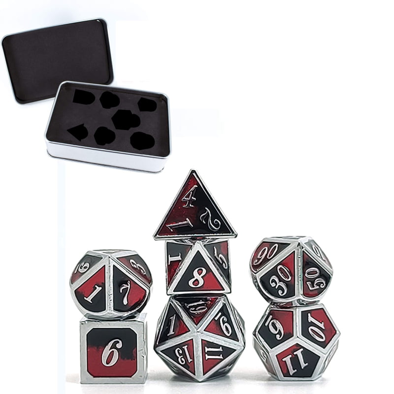 DND Metal Dice Set of 10 for Dungeons and Dragons Momostar RPG Game Dices with Wooden Box. Mirror Black-Blue