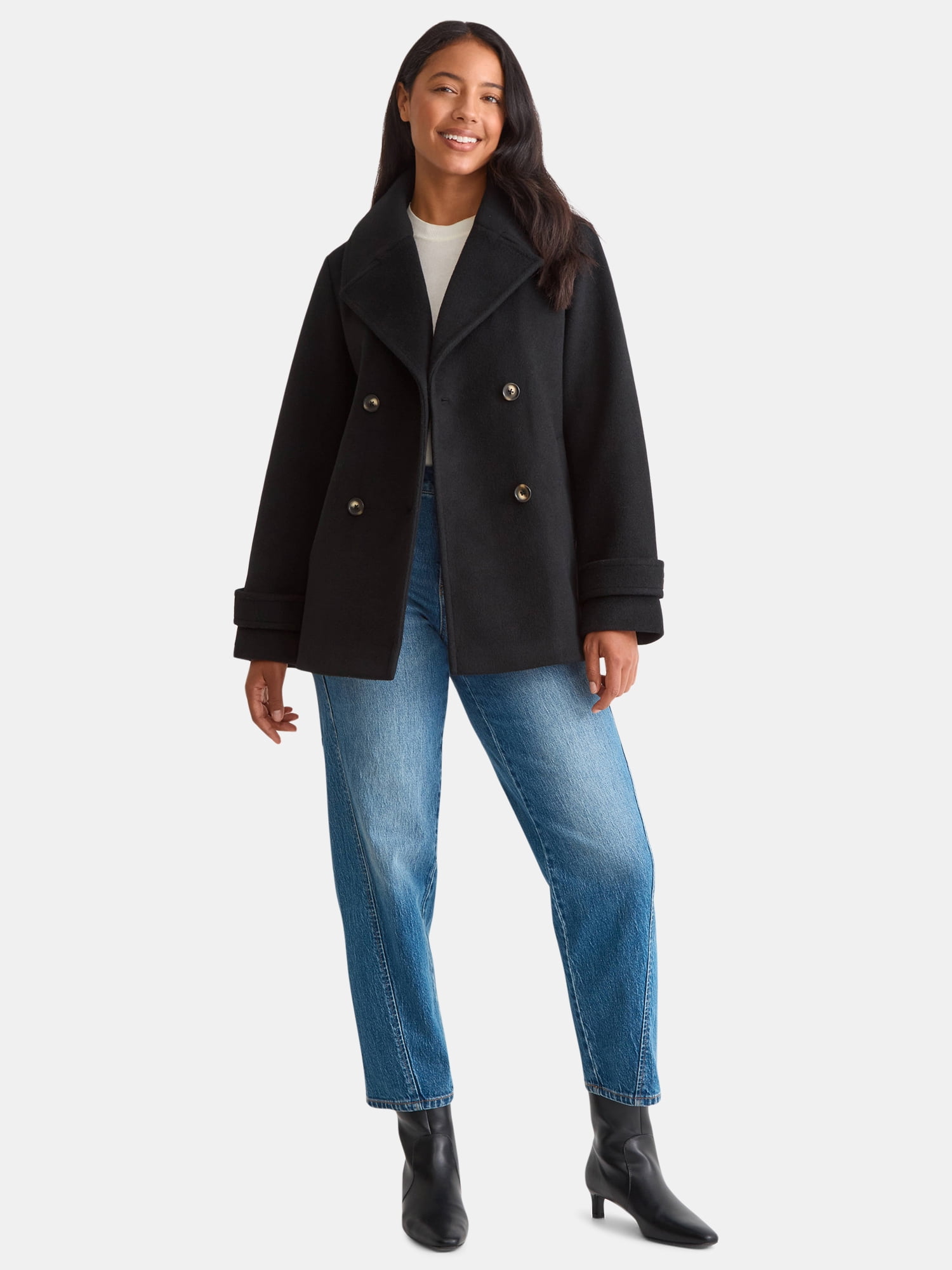Time and Tru Women's and Women's Plus Faux Wool Peacoat, Sizes XS-2X
