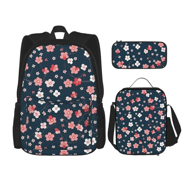 Easygdp Cherry Blossoms Mochila para Niños y Niñas con Set de Caja de Almuerzo y Estuche para Lápices 3 en 1, Mochila Escolar Estampada para Adolescentes