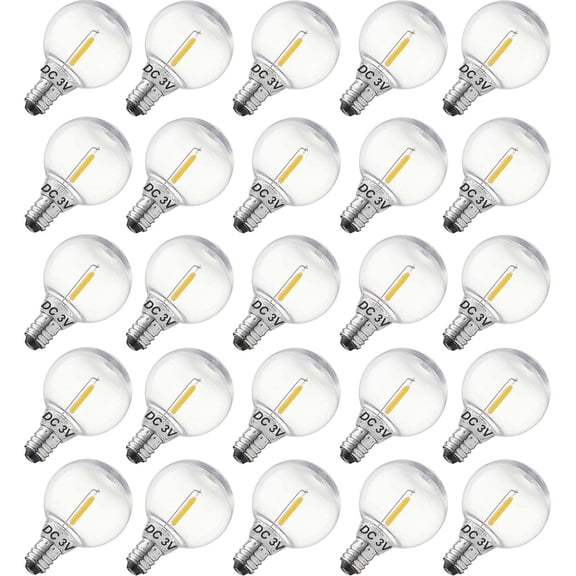 DC 3V Low Voltage,Solar String Light Bulbs,Only for 3V DC, Burn Out at 120V, Shatterproof Waterproof E12 G40 LED Bulbs,Warm White 25 Pack.