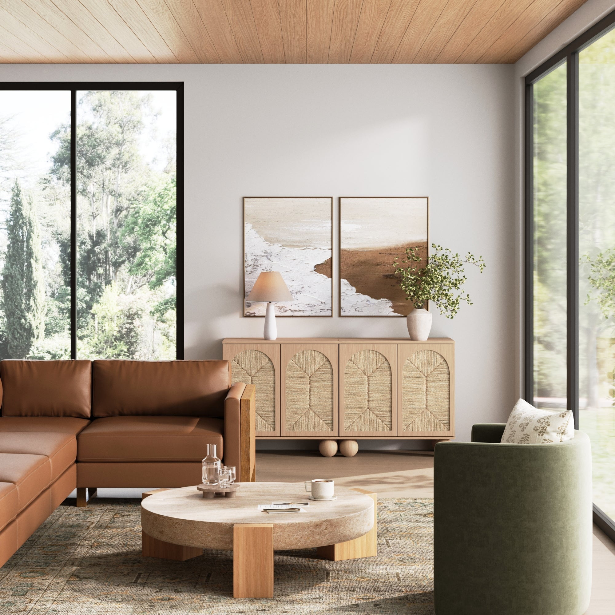 Nathan James Leah Boho Entryway Storage Cabinet or Sideboard Cabinet for Kitchen or Living Room with Ball-Style Feet, Natural Seagrass Door Fronts and Solid Wood Legs, Raw Oak
