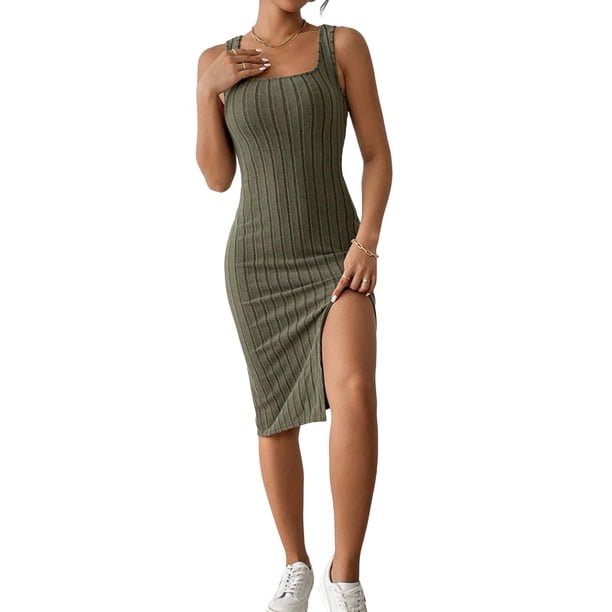 Vestido Midi de punto con escote cuadrado para mujer, vestido elegante de Color liso, Vestido corto para viaje de fiesta