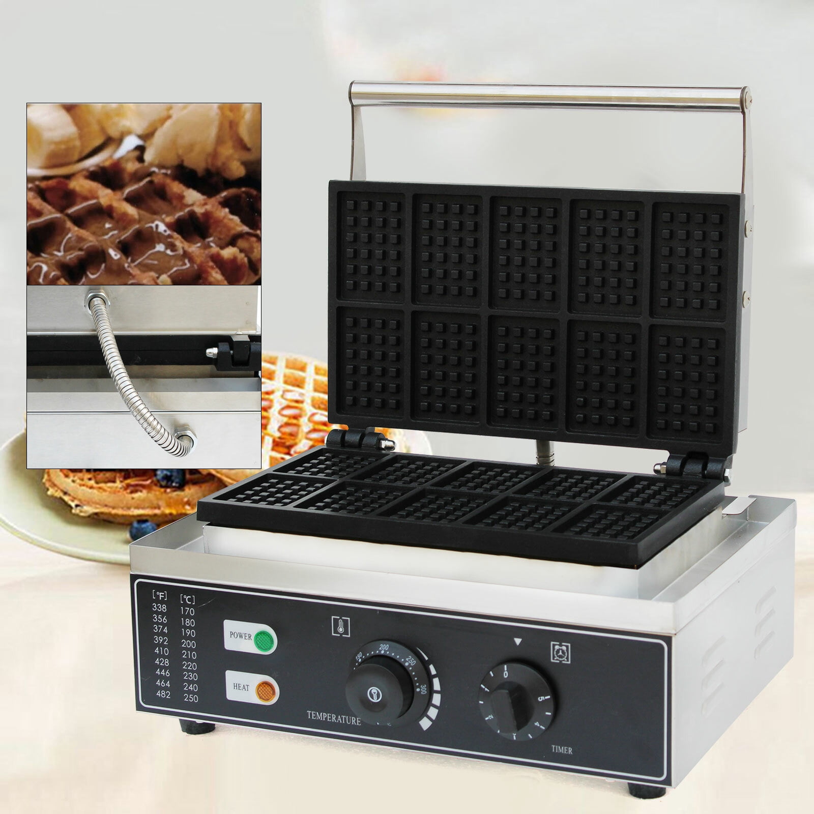 Commercial Square Waffle Maker, 10 Grids 1500W Electric Waffles Maker Stainless Steel Belgian Waffle Iron Nonstick Waffle Machine for Restaurant, Snack Bar, Bakery, Home