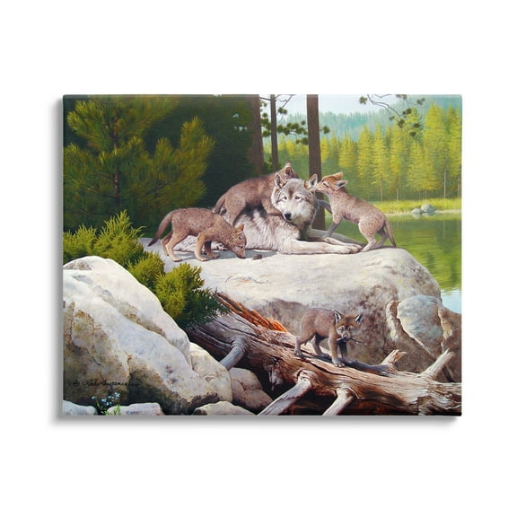 Stupell Industries Wolf & Cubs in Nature Animals & Insects Painting Gallery Wrapped Canvas Art Print Wall Art, 20 x 16