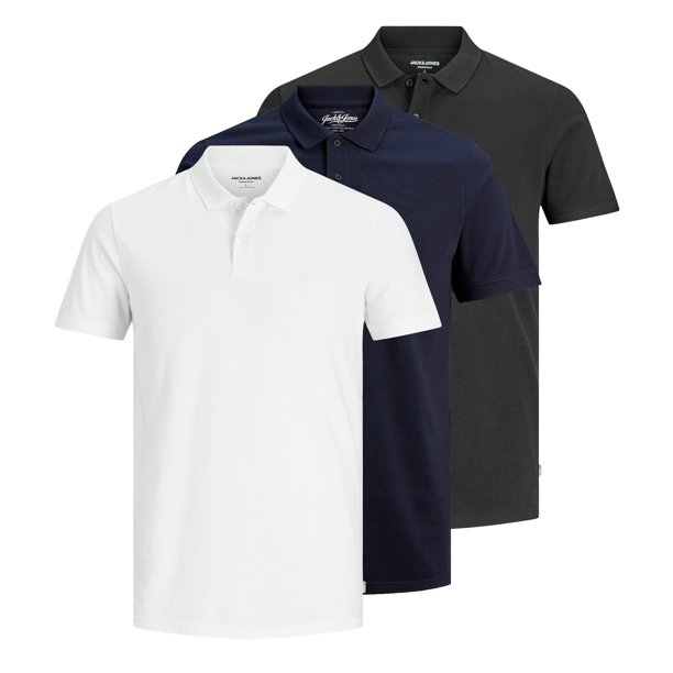 JACK&JONES Polos hombre, lote de 3 - JJEBASIC POLO 3PK, manga corta, monocolor, algodón Negro/Azul/Blanco S (Small)